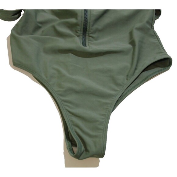 Womens Half Zip One Piece Olive Green Nylon Spandex Swimsuit Beach Pool Sz Med - Picture 3 of 5